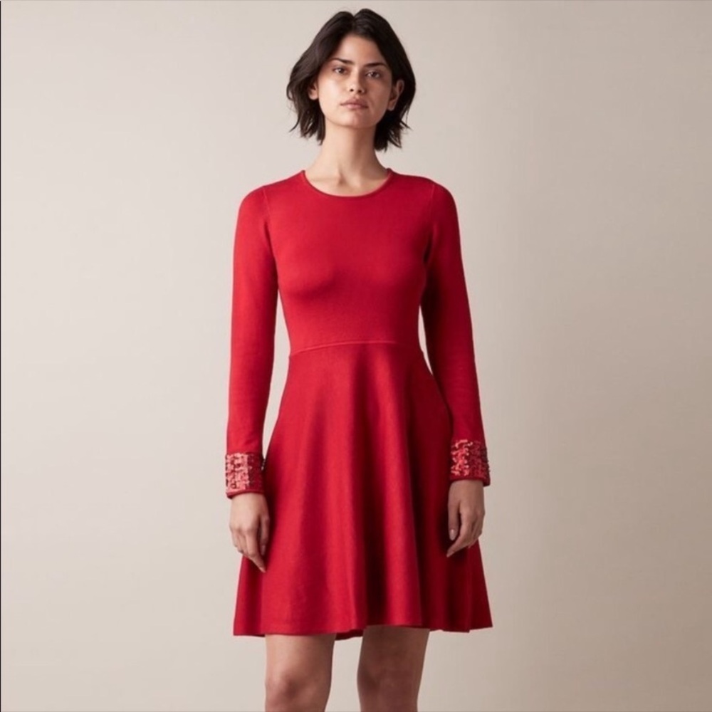 JW Jason Wu Red Knit Long Sleeve Dress w/ Sequins
